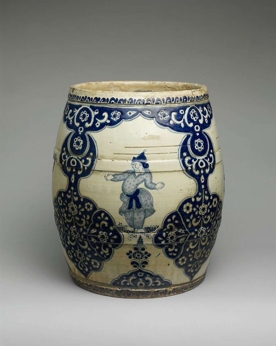 Barrel-shaped planter with Chinese figures, Tin-glazed earthenware, Mexican