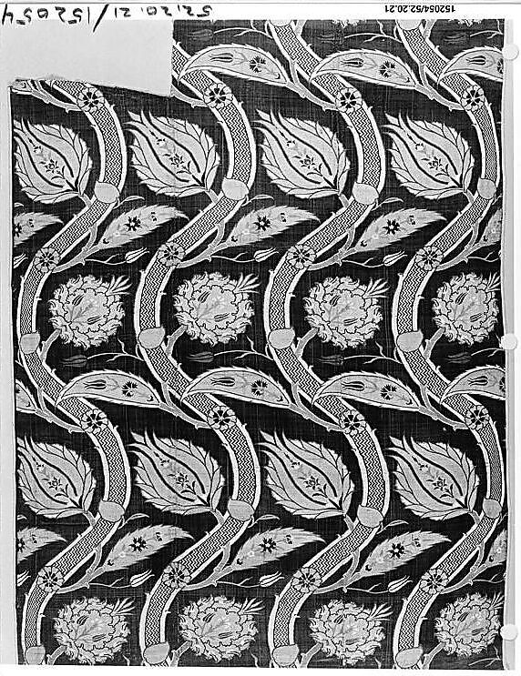 Fragmentary Loom Width with Wavy-Vine Pattern, Silk, metal wrapped thread; lampas (kemha)