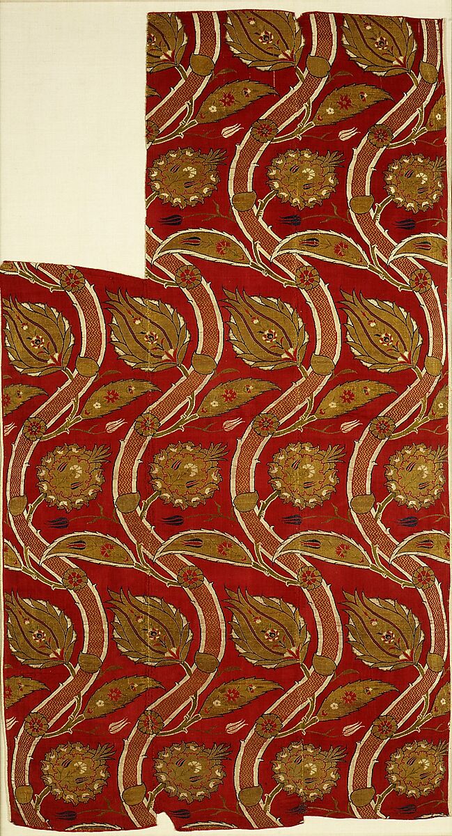 Fragmentary Loom Width with Wavy-Vine Pattern, Silk, metal wrapped thread; lampas (kemha)