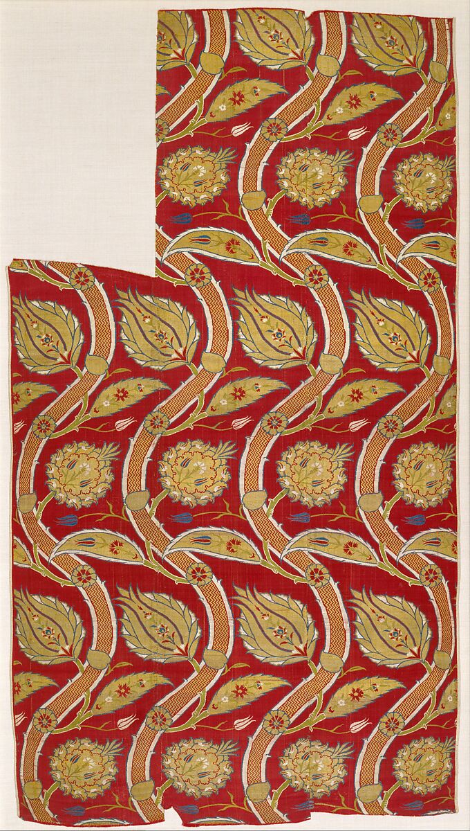 Fragmentary Loom Width with Wavy-Vine Pattern, Silk, metal wrapped thread; lampas (kemha)