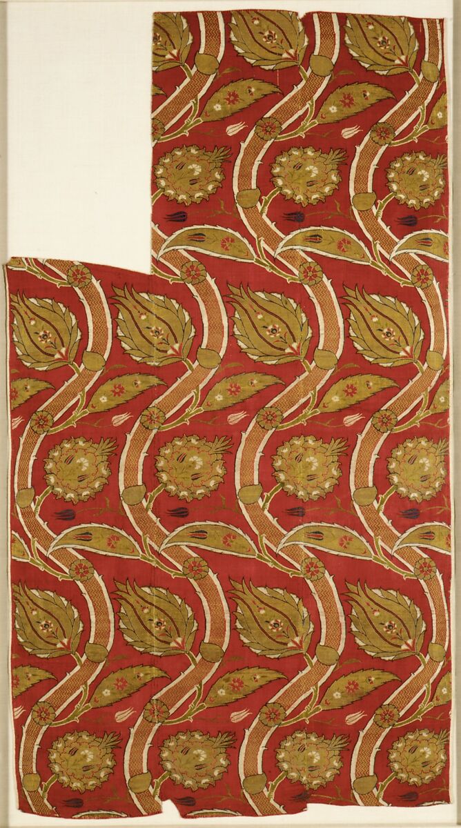 Fragmentary Loom Width with Wavy-Vine Pattern, Silk, metal wrapped thread; lampas (kemha)