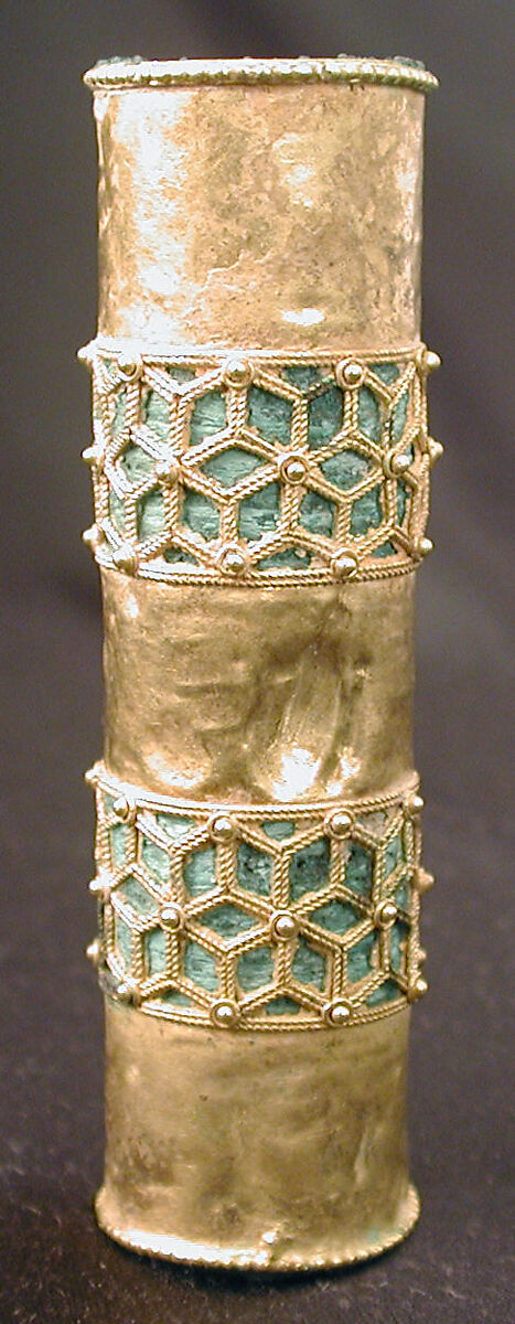 Hair Ornament, One of a Pair, Gold; cast, fabricated, engraved, with a copper alloy inner sleeve, decorated with twisted wire and granulation