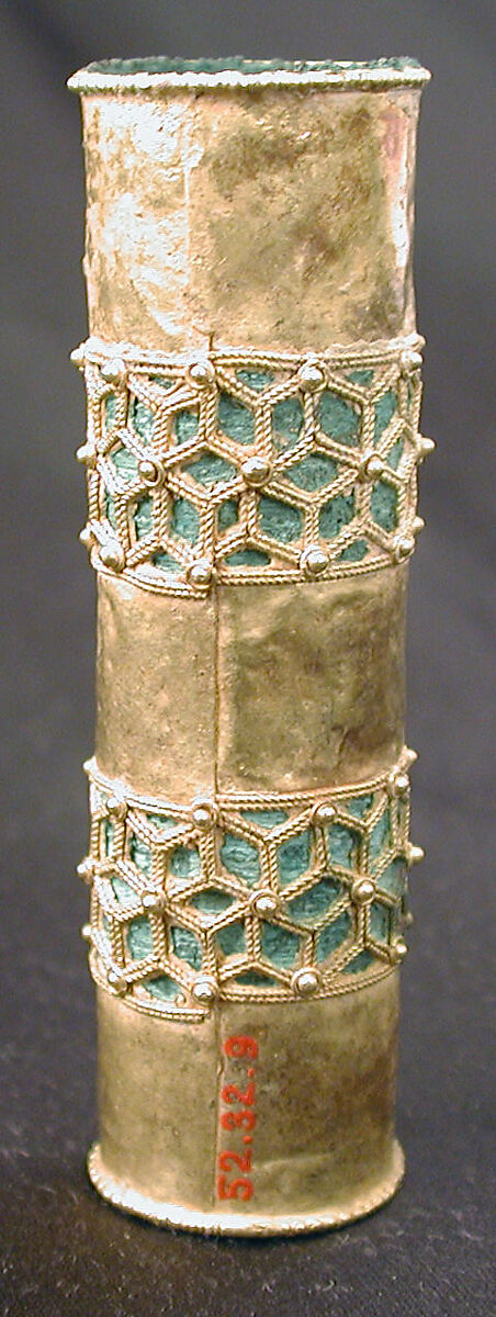 Hair Ornament, One of a Pair, Gold; cast, fabricated, engraved, with a copper alloy inner sleeve, decorated with twisted wire and granulation