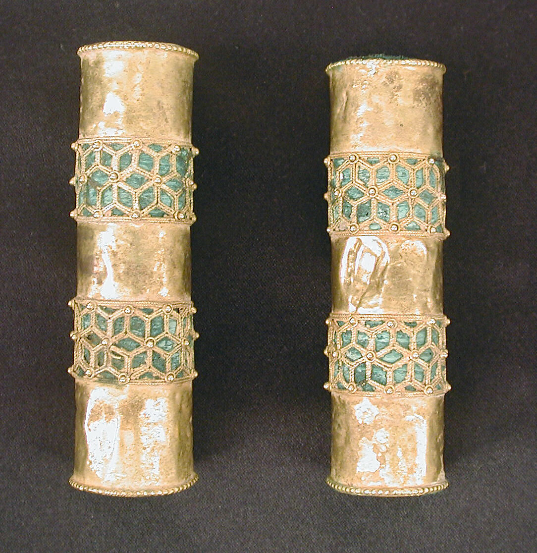 Hair Ornament, One of a Pair, Gold; cast, fabricated, engraved, with a copper alloy inner sleeve, decorated with twisted wire and granulation