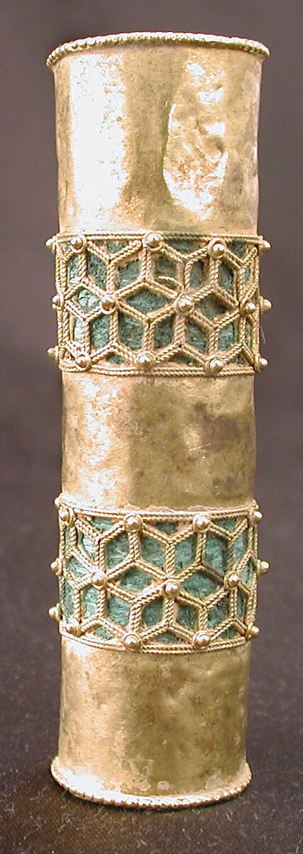Hair Ornament, One of a Pair, Gold; cast, fabricated, engraved, with a copper alloy inner sleeve, decorated with twisted wire and granulation
