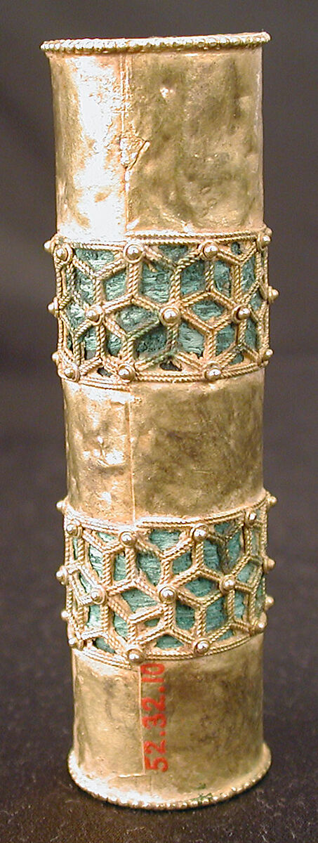 Hair Ornament, One of a Pair, Gold; cast, fabricated, engraved, with a copper alloy inner sleeve, decorated with twisted wire and granulation