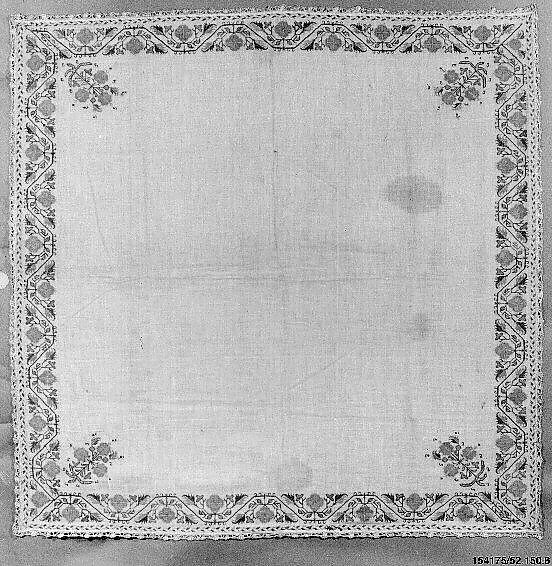 Kerchief, Cotton, silk, metal wrapped thread; embroidered 