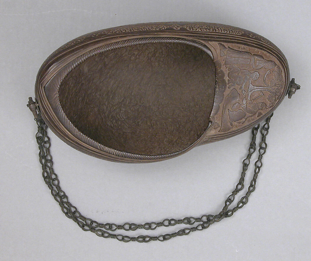 Begging Bowl (Kashkul), Coco-de-mer shell; carved, metal chain