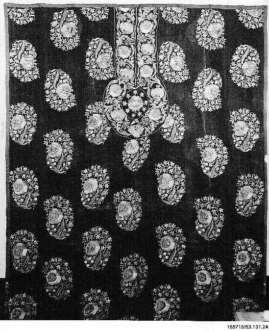 Barber's Apron, Silk; embroidered in silk and gold and silver wrapped thread