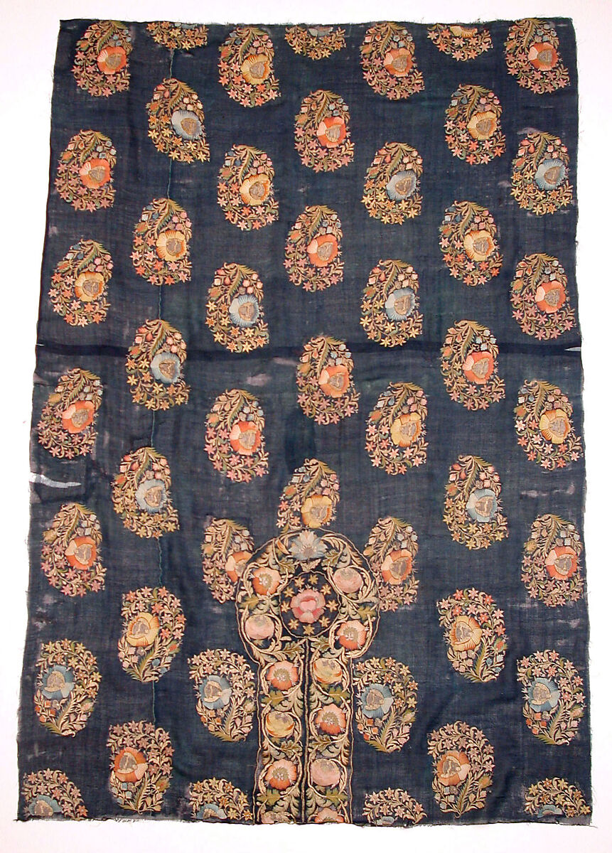 Barber's Apron, Silk; embroidered in silk and gold and silver wrapped thread 