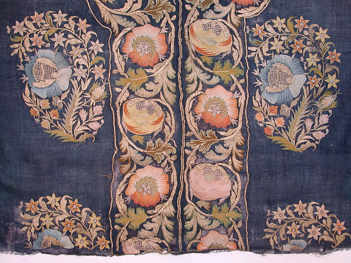Barber's Apron, Silk; embroidered in silk and gold and silver wrapped thread
