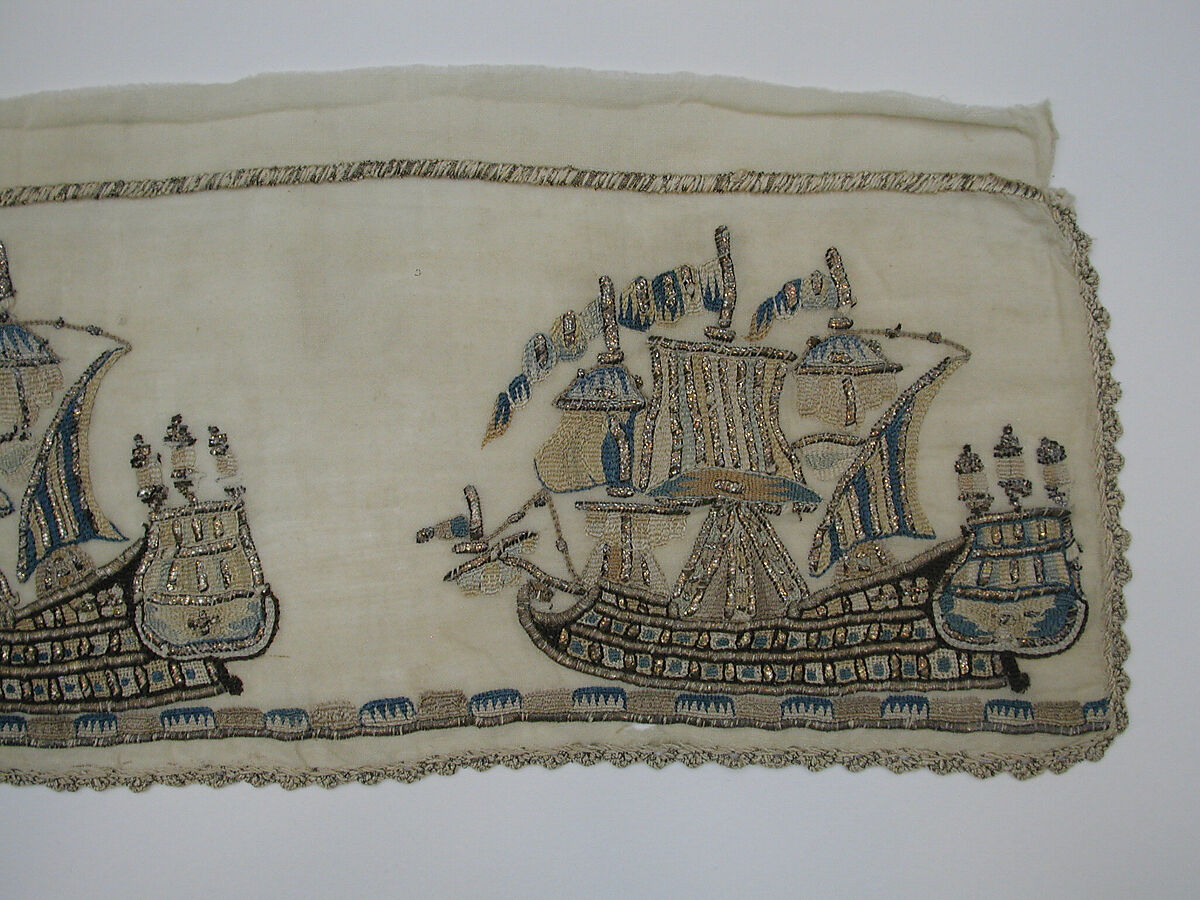 Towel Ends, Cotton; embroidered in silk and silver metal wrapped thread