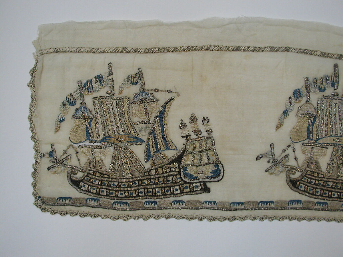 Towel Ends, Cotton; embroidered in silk and silver metal wrapped thread