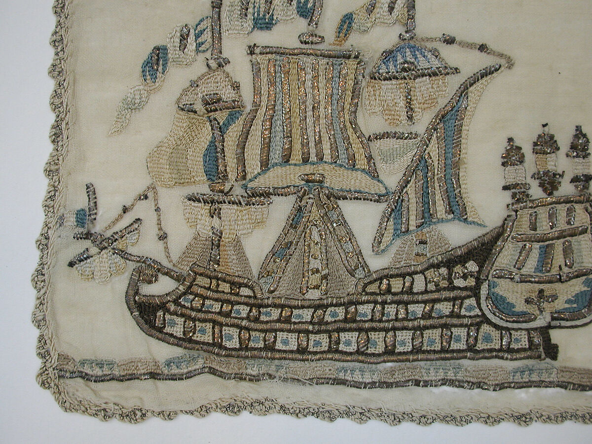 Towel Ends, Cotton; embroidered in silk and silver metal wrapped thread