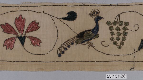 Border, Cotton; embroidered in silk and silver-gilt tinsel 
