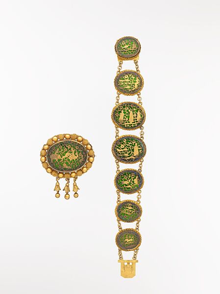 Brooch Decorated in the Thewa Technique, Pierced gold foil over glass (thewa work); with beads and filigree