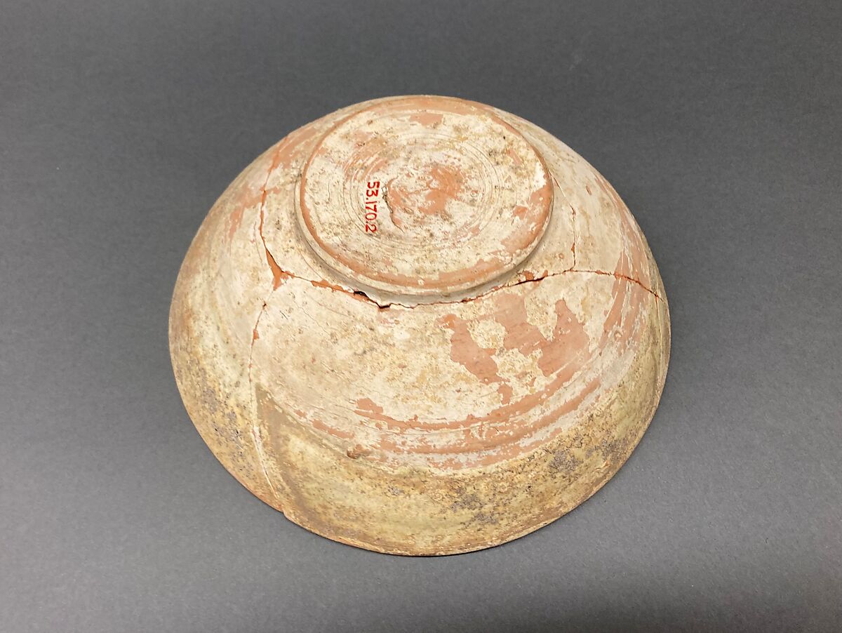 Bowl, Earthenware; white slip, polychrome slip decoration, under transparent glaze