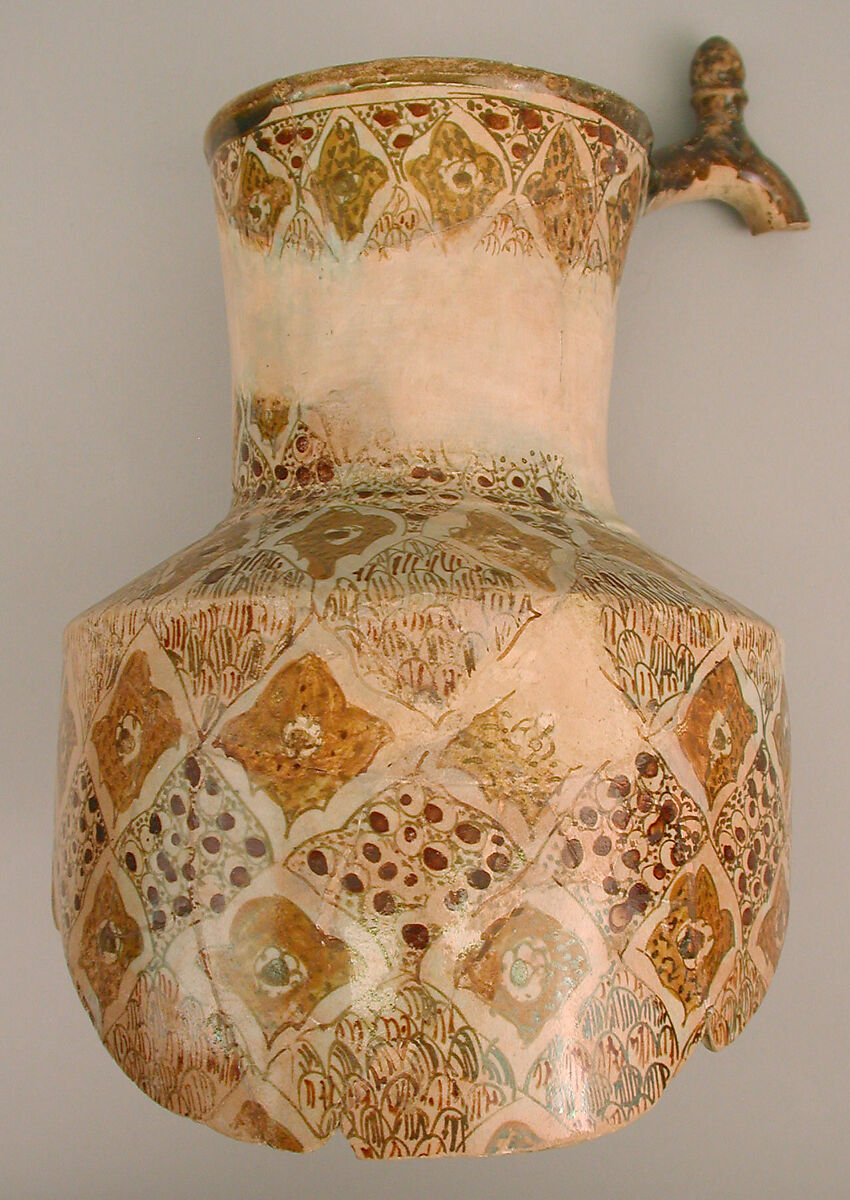 Fragmentary Ewer with Polychrome Luster Decoration, Earthenware; polychrome luster-painted on opaque white glaze 