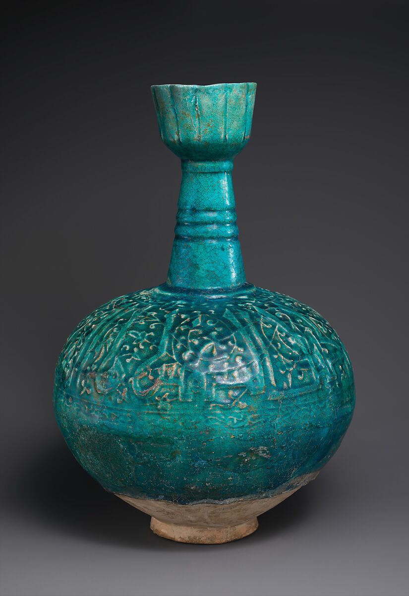 Bottle, Thrown and molded in relief; earthenware 