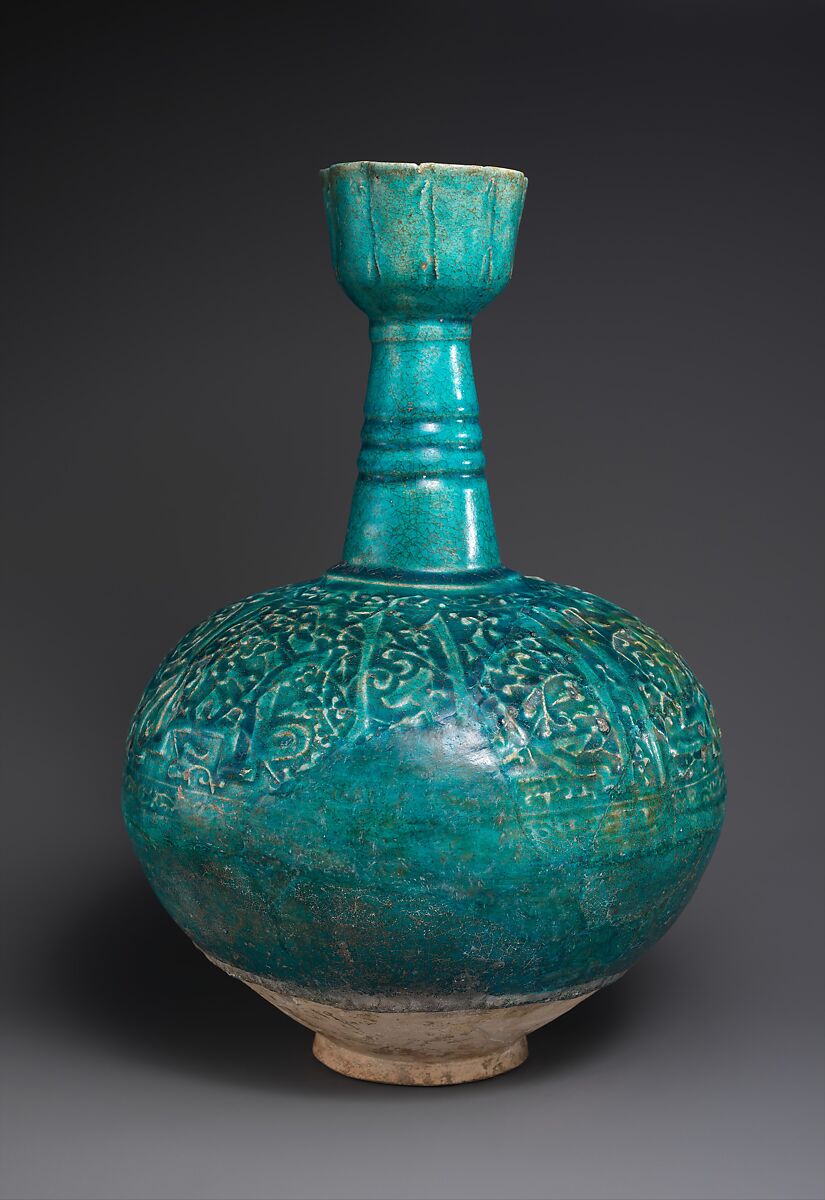 Bottle, Thrown and molded in relief; earthenware