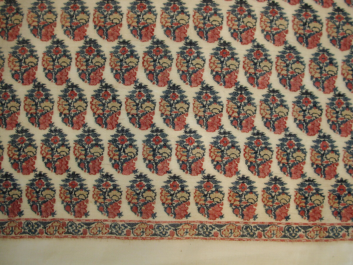 Shawl, Wool; twill weave and double interlocking twill tapestry weave