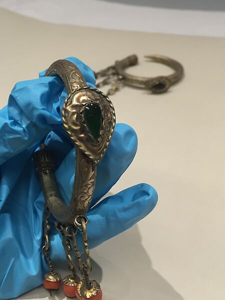 Ear Ornament (Tikhrazin), One of a Pair, Silver, green glass, coral