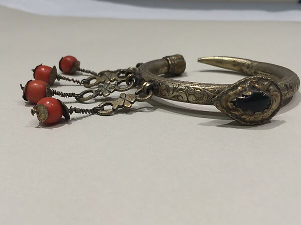 Ear Ornament (Tikhrazin), One of a Pair, Silver, green glass, coral