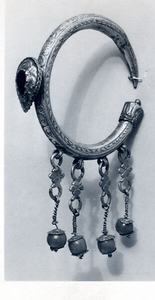 Ear Ornament (Tikhrazin), One of a Pair, Silver, green glass, coral