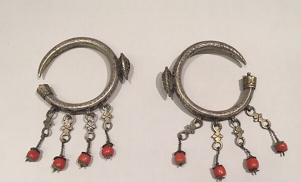 Ear Ornament (Tikhrazin), One of a Pair, Silver, green glass, coral 