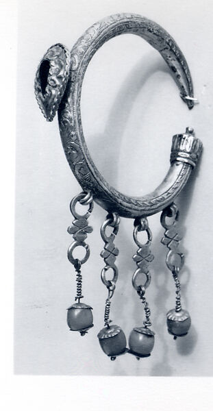 Ear Ornament (Tikhrazin), One of a Pair, Silver, green glass, coral