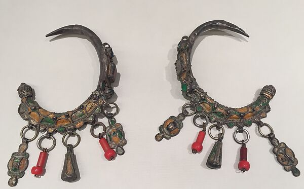 Ear Ornament (Tikhrazin), One of a Pair, Silver, green and yellow enamel, colored glass, and plastic 