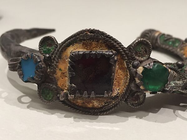 Ear Ornament (Tikhrazin), One of a Pair, Silver, green and yellow enamel, colored glass, and plastic