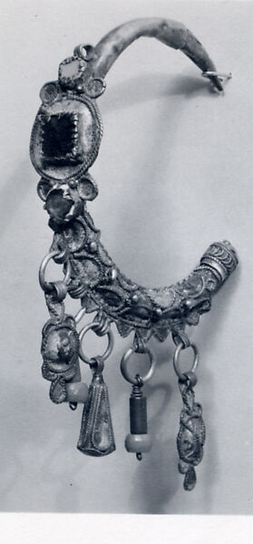 Ear Ornament (Tikhrazin), One of a Pair, Silver, green and yellow enamel, colored glass, and plastic