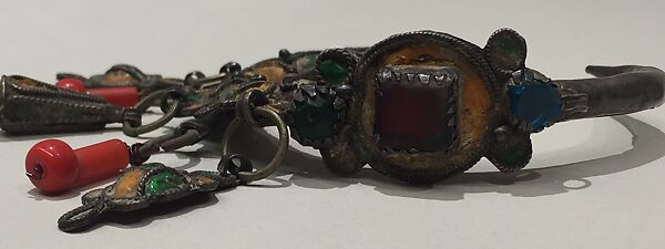 Ear Ornament (Tikhrazin), One of a Pair, Silver, green and yellow enamel, colored glass, and plastic