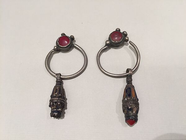 Earring, One of a Pair, Silver wire and filigree, enamel, coral and imitation coral