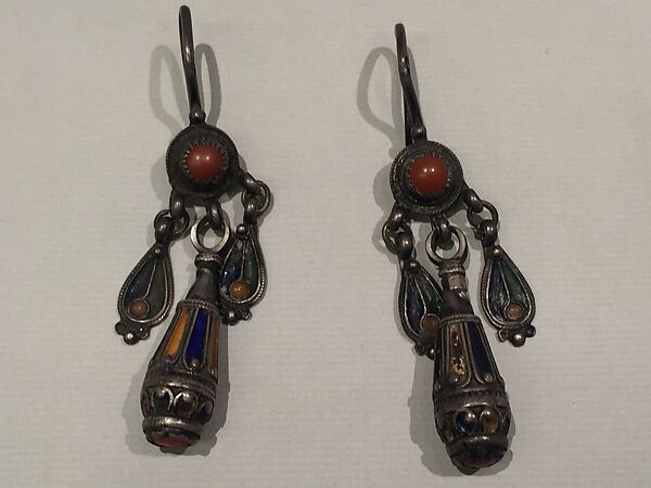 Earring, One of a Pair, Silver sheet, filigree, enamel, coral and imitation coral 