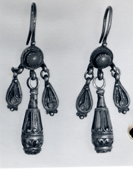 Earring, One of a Pair, Silver sheet, filigree, enamel, coral and imitation coral