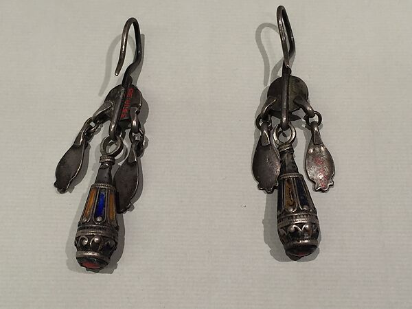 Earring, One of a Pair, Silver sheet, filigree, enamel, coral and imitation coral