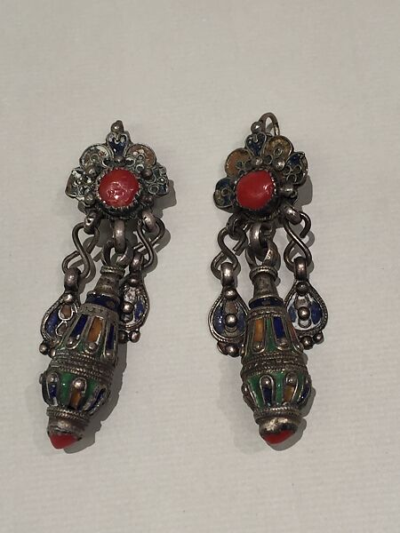 Earring, One of a Pair, Silver sheet, filigree, enamel, coral and imitation coral 