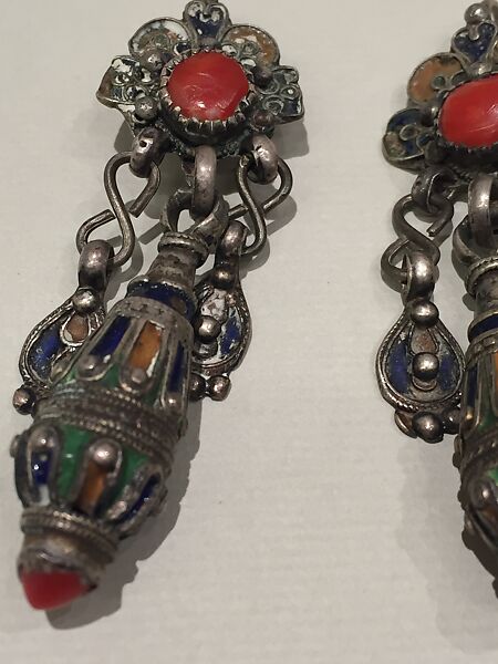 Earring, One of a Pair, Silver sheet, filigree, enamel, coral and imitation coral