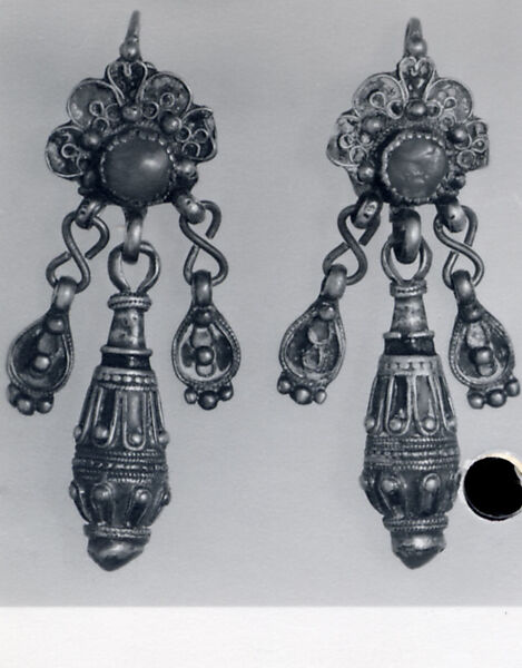 Earring, One of a Pair, Silver sheet, filigree, enamel, coral and imitation coral