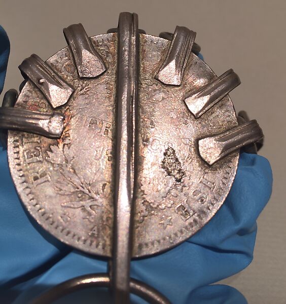 Fibula, Silver, French coin, filigree, coral