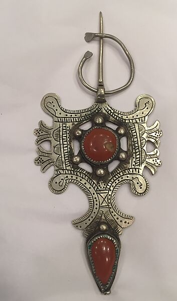 Fibula, One of a Pair, Silver, coral, and imitation coral 