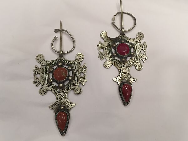 Fibula, One of a Pair, Silver, coral, and imitation coral