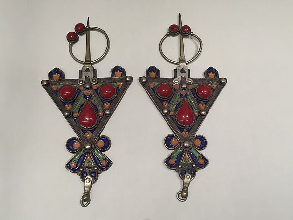 Fibula, One of a Pair, Silver, enamel, imitation coral 