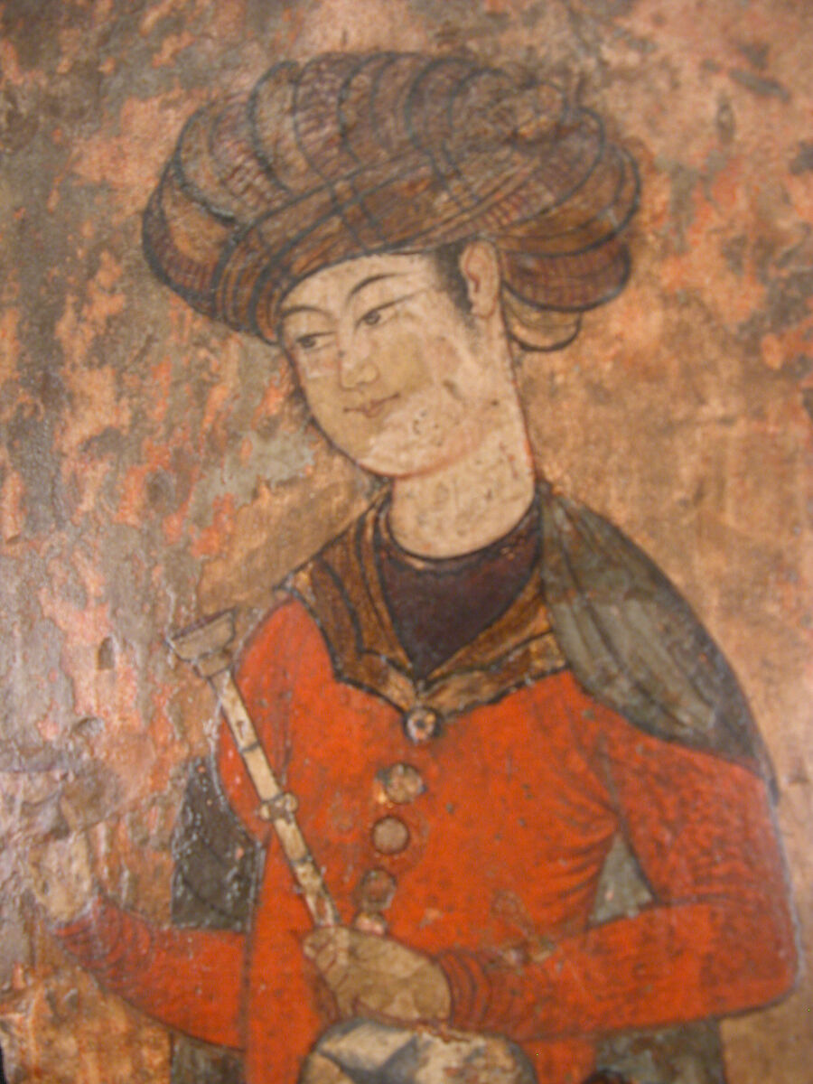 Man Holding a Bottle and a Cup, Ink, opaque watercolor, and gold on plaster