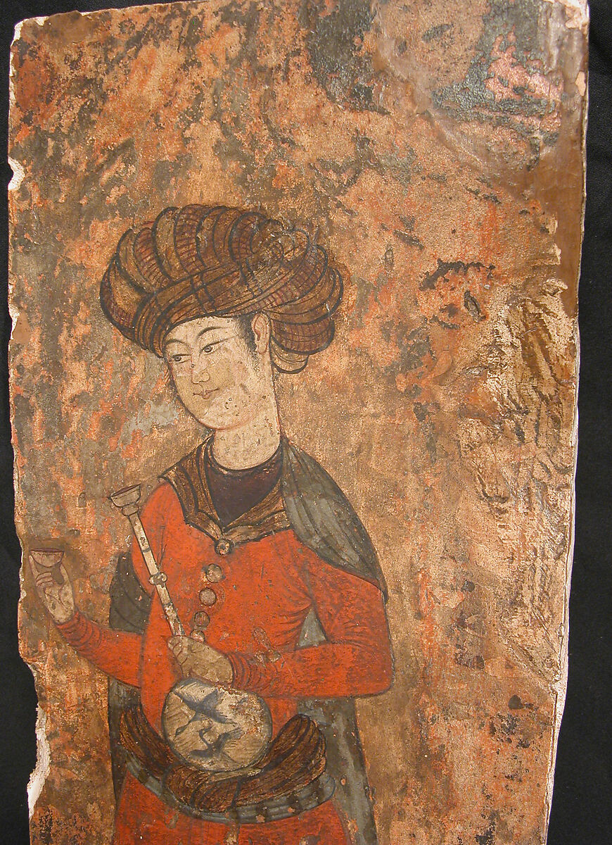 Man Holding a Bottle and a Cup, Ink, opaque watercolor, and gold on plaster