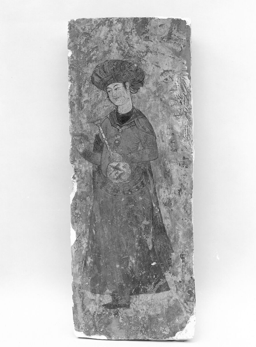 Man Holding a Bottle and a Cup, Ink, opaque watercolor, and gold on plaster