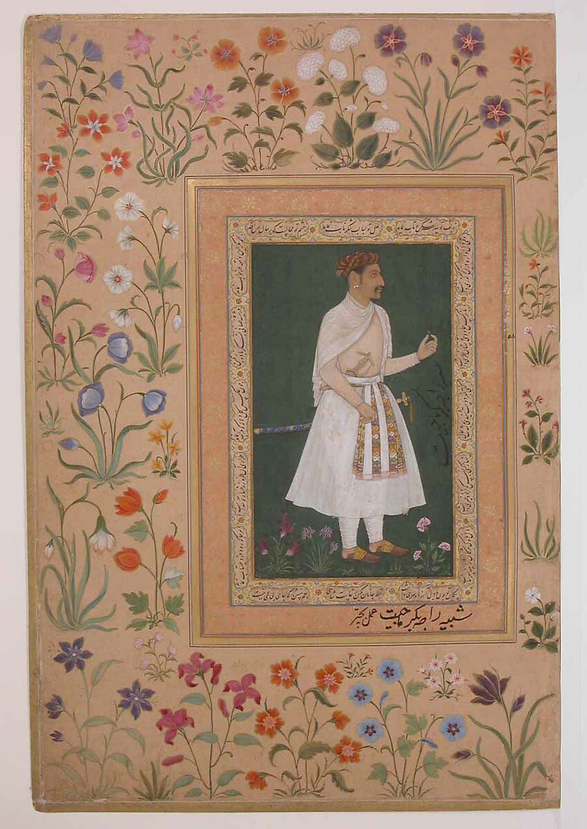 "Portrait of Raja Bikramajit (Sundar Das)", Folio from the Shah Jahan Album, Painting by Bichitr (Indian, active ca. 1610–60), Ink, opaque watercolor, and gold on paper