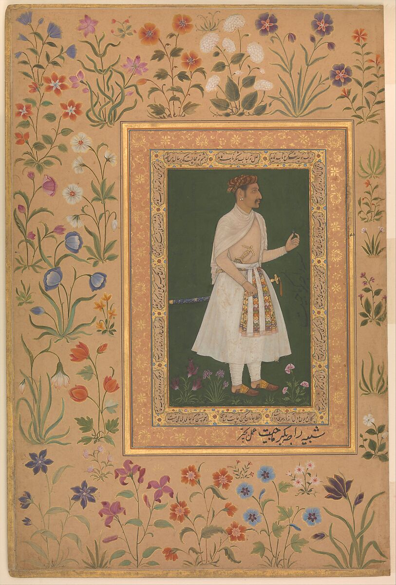 "Portrait of Raja Bikramajit (Sundar Das)", Folio from the Shah Jahan Album, Painting by Bichitr (Indian, active ca. 1610–60), Ink, opaque watercolor, and gold on paper 